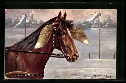 Künstler-AK August Müller - München: Pferd im Winter mit Hasenohren geschmückt