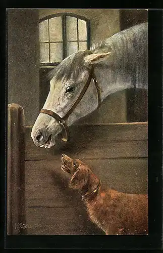 Künstler-AK August Müller - München: Hund bei einem Pferd im Stall