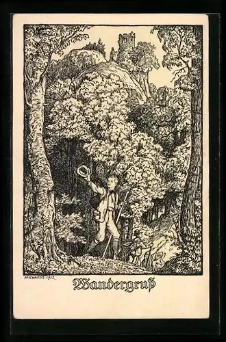 Künstler-AK Junge mit Rucksack im Wald, Wandergruss