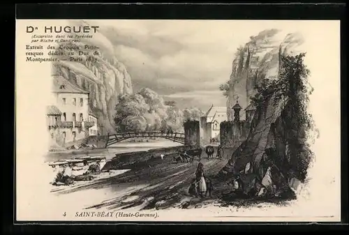 Künstler-AK Saint-Béat, Les Pyrénées, Uferpartie mit Brücke