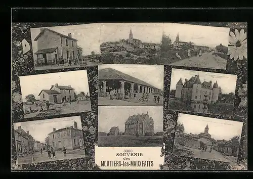 AK Moutiers-les-Mauxfaits, der Bahnhof, die Kirche, das Schloss