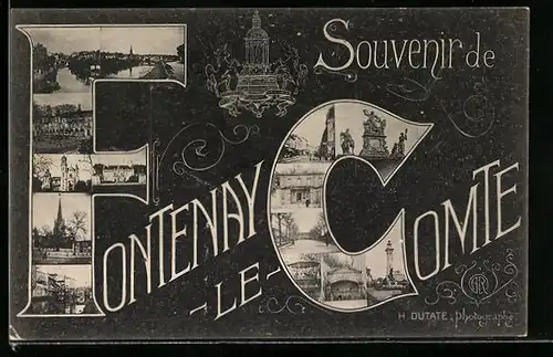 AK Fontenay-le-Comte, Schriftzug mit Gebäudeansicht, Denkmal und Uferpartie