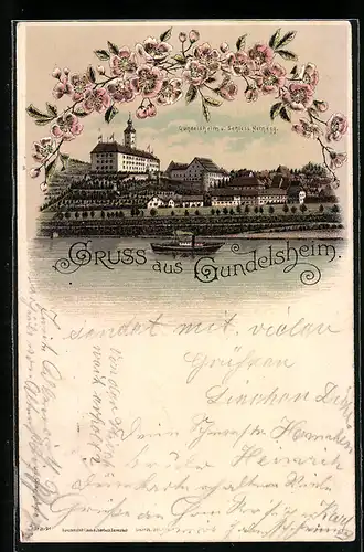 Lithographie Gundelsheim, Teilansicht mit Schloss Hornegg