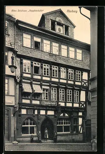 AK Marburg, Altes Holzhaus und Gasthof Boppbierhalle an der Marktgasse