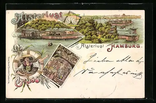 Lithographie Hamburg-St.Georg, Alsterlust mit Bootspartie
