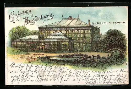 Lithographie Magdeburg, im Friedrich-Wilhelms-Garten