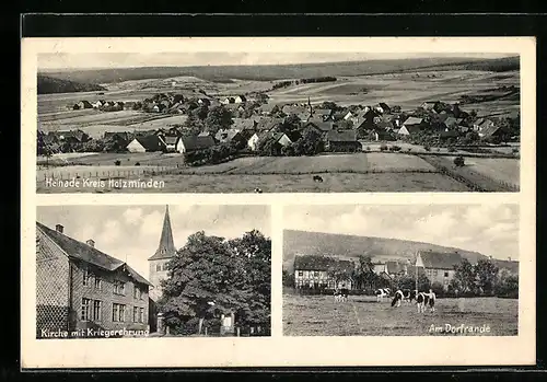 AK Heinade, Kirche mit Kriegerdenkmal, Kuhweide am Dorfrande, Ortsansicht