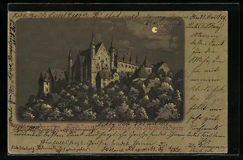 Mondschein-AK Marburg, Schloss Nordseite bei Vollmond