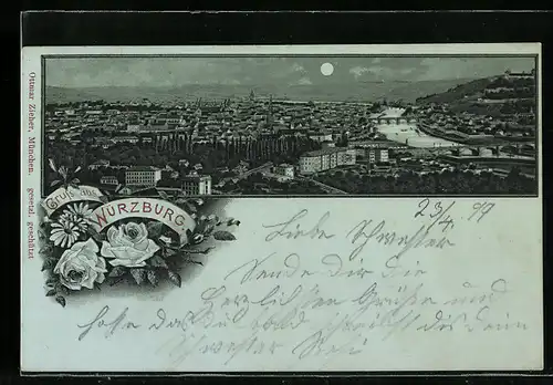 Mondschein-Lithographie Würzburg, Stadtanblick im Mondlicht