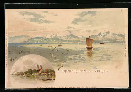 Künstler-AK Friedrichshafen a. B., Ortsansicht mit dem Bodensee