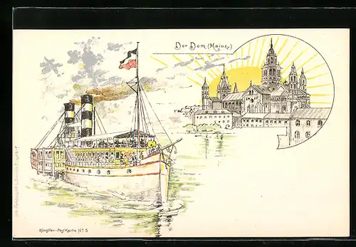 Lithographie Mainz, Rheindampfer passiert den Dom