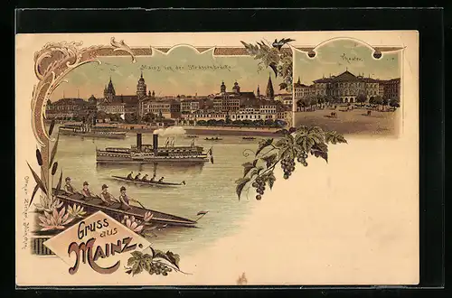 Lithographie Mainz, Blick von der Strassenbrücke, Theater