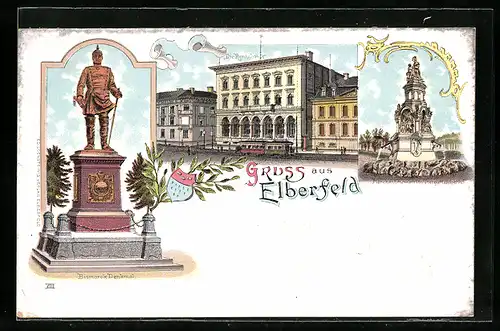 Lithographie Elberfeld, Die Reichsbank, Bismarck-Denkmal, Märchenbrunnen