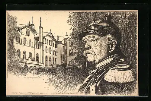 Künstler-AK Friedrichsruh, Fürst Otto von Bismarck, im Hintergrund das Schloss