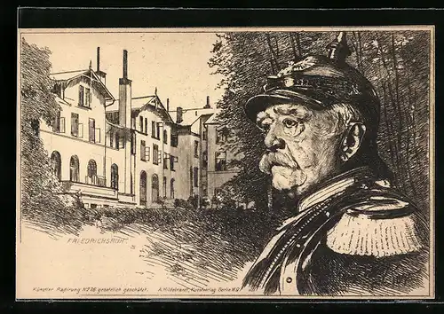 Künstler-AK Friedrichsruh, Fürst Otto von Bismarck, im Hintergrund das Schloss