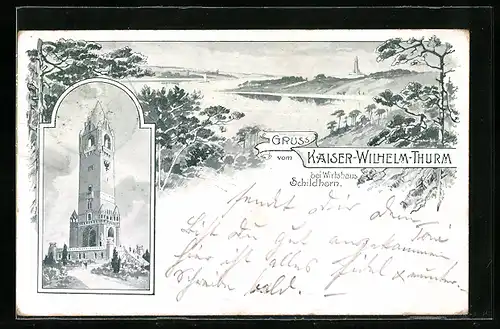 Lithographie Berlin-Grunewald, Wirtshaus Schildhorn, Kaiser-Wilhelm-Thurm