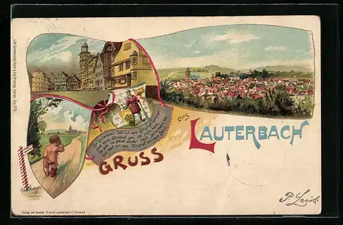 Künstler-AK Lauterbach, Ortsansicht aus der Vogelschau