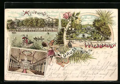 Lithographie Wiesbaden, Kuhaus, Kursaal und Kurhausplatz