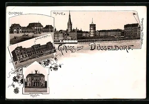 Lithographie Düsseldorf, Totalansicht, Central-Bahnhof & Akademie mit Hafen