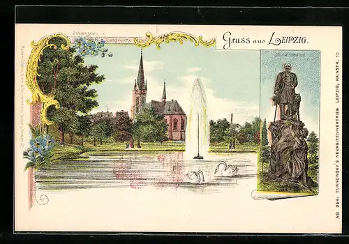 Lithographie Leipzig, Johannapark und Lutherkirche, Bismarkdenkmal