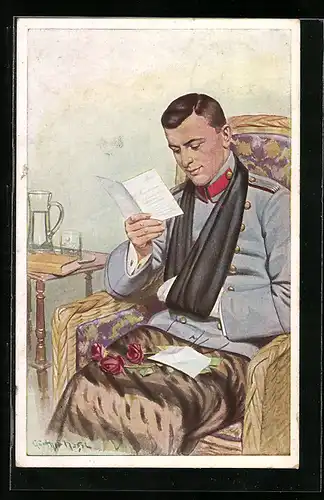 Künstler-AK Günther Nagel: Unsere Kriegsleitnants daheim, ein lieber Gruss, verwundeter Soldat liest einen Brief