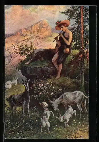 Künstler-AK Oskar Herrfurth: Hirte mit Flöte und Ziegen