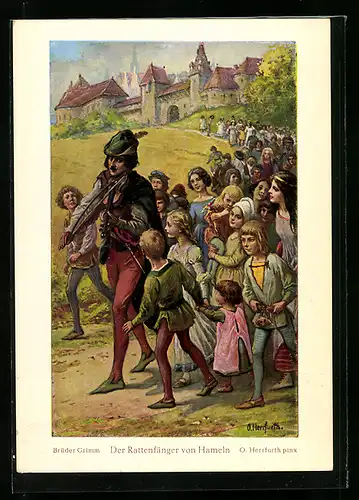 Künstler-AK Oskar Herrfurth: Der Rattenfänger von Hameln