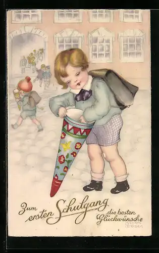 Künstler-AK Hannes Petersen: Erstlässler mit Schultüte am Einschulungstag, Glückwunschkarte