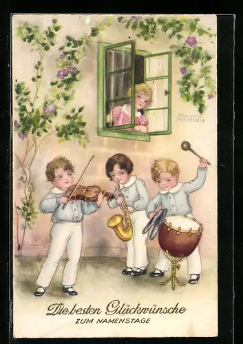 Künstler-AK Hannes Petersen unsign.: Knabetrio musiziert für Mädchen am Fenster