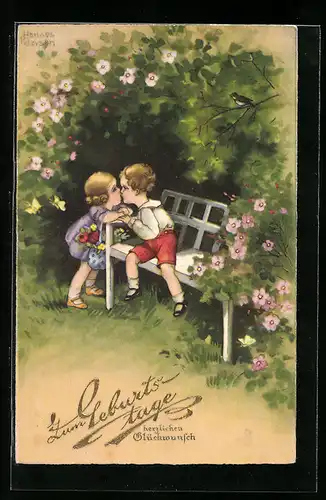 Künstler-AK Hannes Petersen: Nu is gutt!, Kinderpaar küsst sich auf der Parkbank