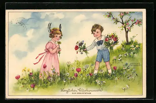 Künstler-AK Hannes Petersen: Junge überreicht seiner Liebsten einen Strauss Blumen