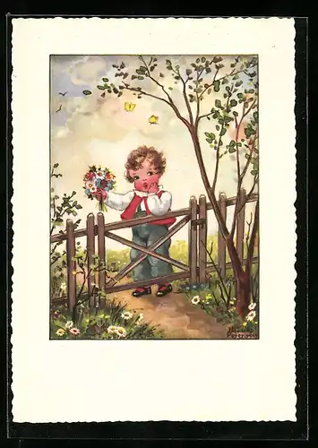 Künstler-AK Hannes Petersen: Junge mit Blumen am Gartentor