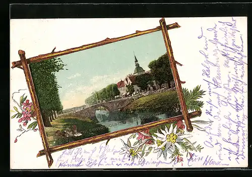 AK Friedrichstadt /Schleswig-Holstein, Uferpartie mit Brücke, Passepartout