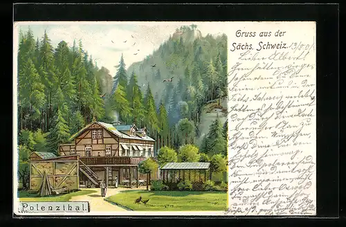 Lithographie Polenz, Partie mit Gasthaus im Polenzthal