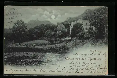 Mondschein-AK Eisenach, Wartburg und Villa Reuter