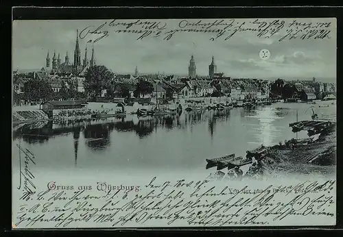 Mondschein-AK Würzburg, Uferpartie mit Dom von der neuen Brücke gesehen
