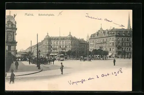AK Mainz, Bahnhofsplatz mit Bahnhof-Hotel