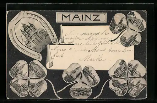 AK Mainz, Kirche im Hufeisen, Denkmal und Brücke im Kleeblatt