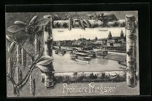 AK Mainz, Rheinquai mit Dampfern, Pfingstgruss, Passepartout