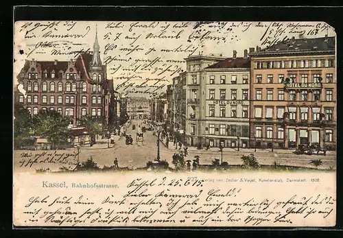 AK Kassel, Bahnhofstrasse mit Strassenbahn