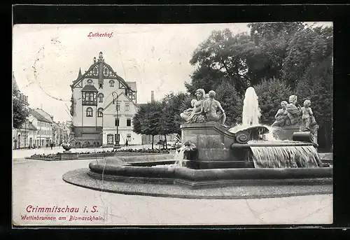 AK Crimmitschau i. Sa., Wettinbrunnen am Bismarckhain, Lutherhof