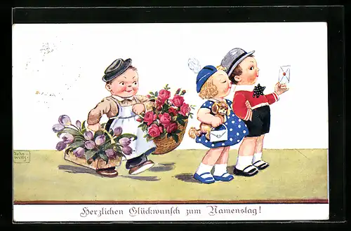 Künstler-AK John Wills: Pärchen mit Brief und Blumenverkäufer, Glückwunsch zum Namenstag