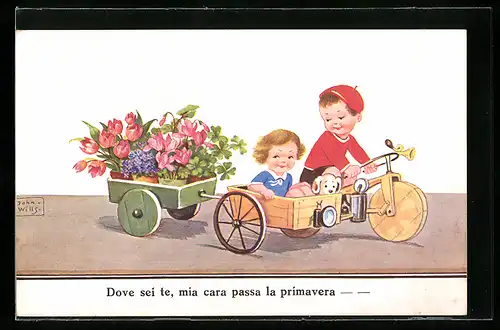 Künstler-AK John Wills: Junge auf Fahrrad mit Mädchen im Nebensitz