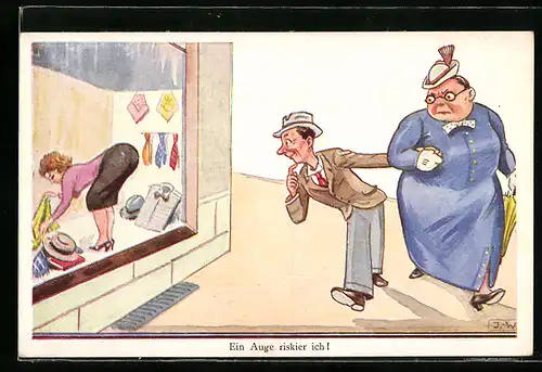 Künstler-AK John Wills: Mann betrachtet den Hintern einer Verkäuferin im Schaufenster