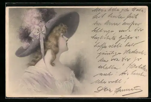 Künstler-AK Wichera: Junge Frau mit opulentem Hut