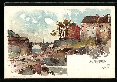Künstler-AK Laufenburg, Ortsansicht am Rhein