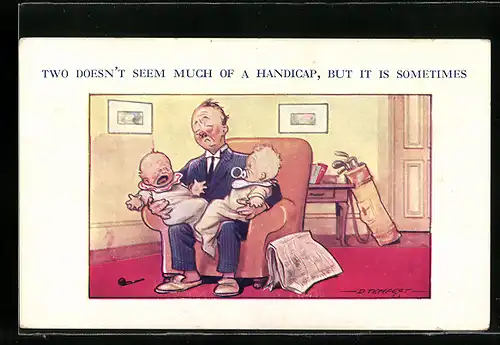 Künstler-AK Douglas Tempest: Herr mit zwei Babys im Sessel