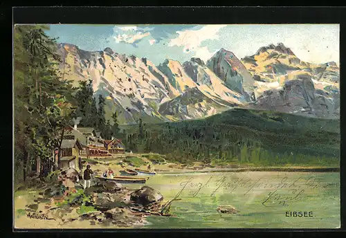Künstler-AK sign. Heinisch: Eibsee, Panorama mit Bergen