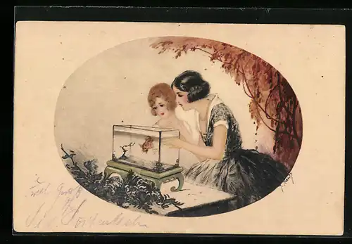 Künstler-AK J. Hardy: Zwei Frauen vor Aquarium