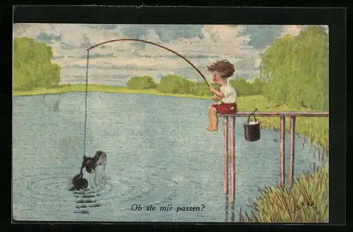 Künstler-AK Herschu: Mann angelt ein Paar Schuhe